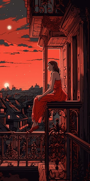 A woman sits on a balcony looking out at a sunset.