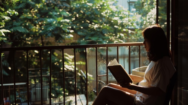 Photo a woman sits on a balcony reading a book under the gentle morning light surrounded by leafy green plants in an intimate quiet setting