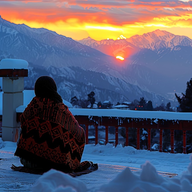 Photo a woman sits on a balcony wrapped in a blanket