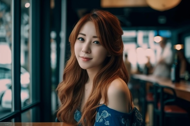 A woman sits at a bar in a restaurant with a blue floral top.