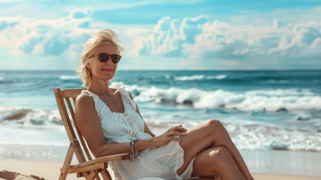 Photo a woman sits on a beach chair in front of the ocean