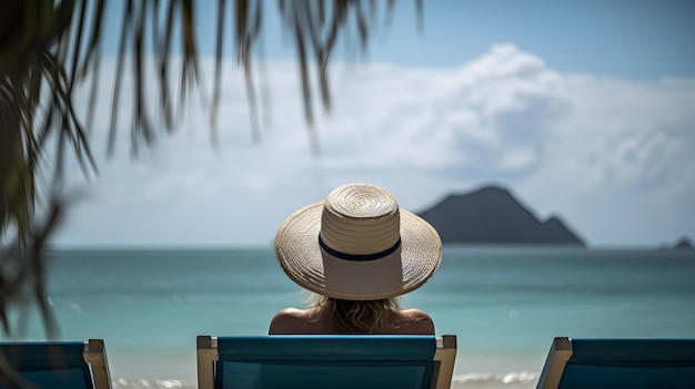 A woman sits in a beach chair looking out to the ocean.