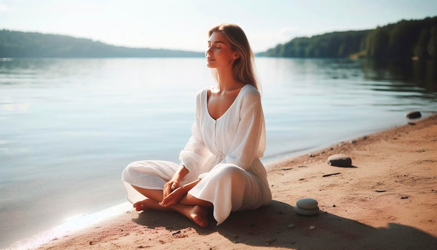 Photo a woman sits on the beach and is wearing a white dress