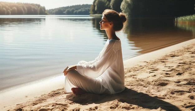 Photo a woman sits on the beach and looks out to sea