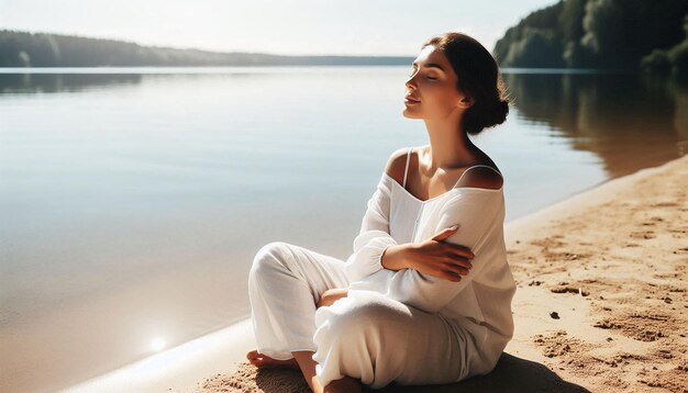 Photo a woman sits on the beach and looks out over the water