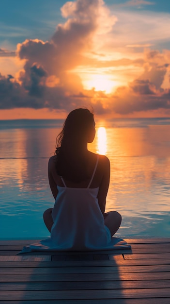 a woman sits on the beach and looks at the sunset