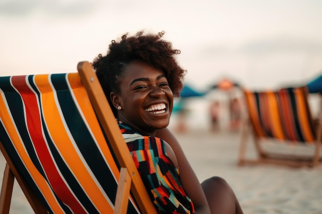 A woman sits on a beach in a striped chair smiling.