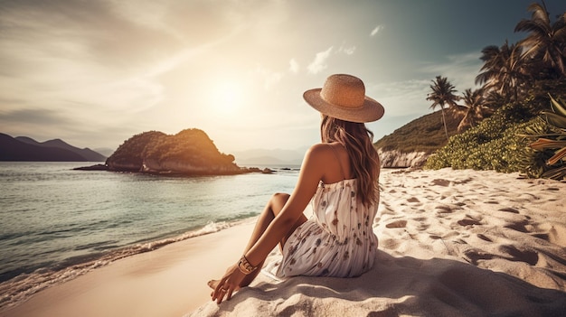 A woman sits on a beach in a white dress and hat.