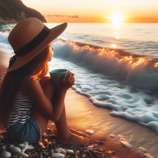 a woman sits on a beach with a cup of coffee and a sun setting behind her