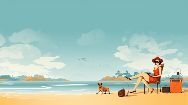 a woman sits on a beach with a dog and a suitcase