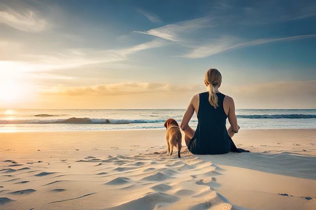 A woman sits on the beach with her dog and looks out to sea.