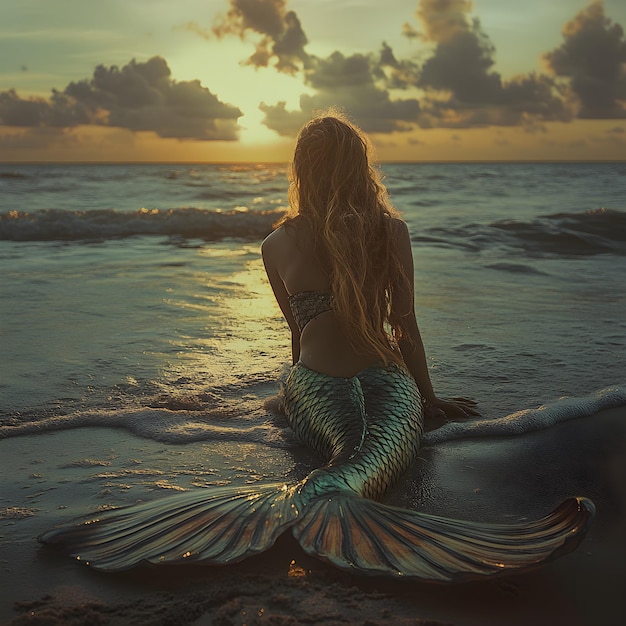 Photo a woman sits on the beach with a mermaid in the background