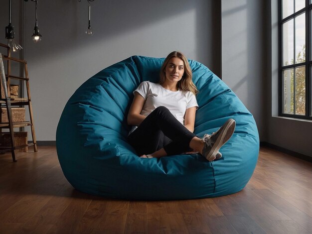 Photo a woman sits in a bean bag chair that says  she is sitting on a blue bean bag