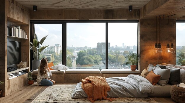 a woman sits on a bed in a bedroom with a window overlooking a city