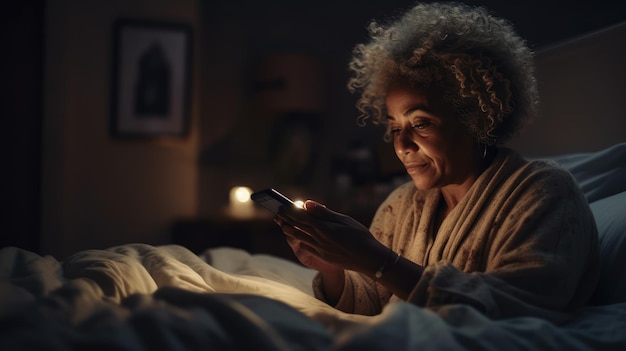 A woman sits in bed and looks at her phone, and smiles at the camera.