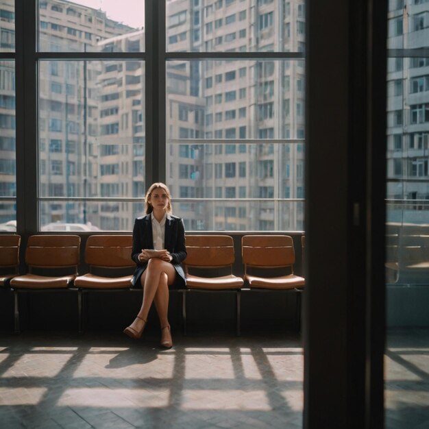 a woman sits on a bench in a building with a large window behind her