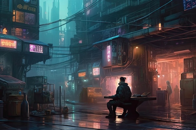 A woman sits on a bench in a cyberpunk city.