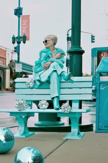 a woman sits on a bench in front of a store