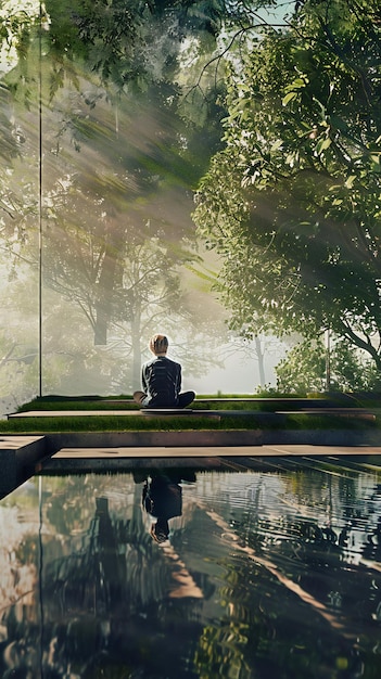 Photo a woman sits on a bench in front of a window with the reflection of trees in the water