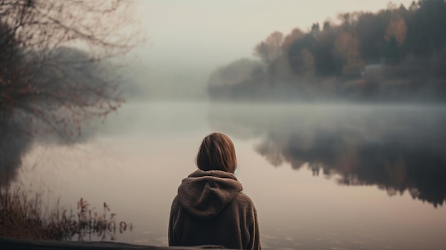 A woman sits on a bench looking at a lake