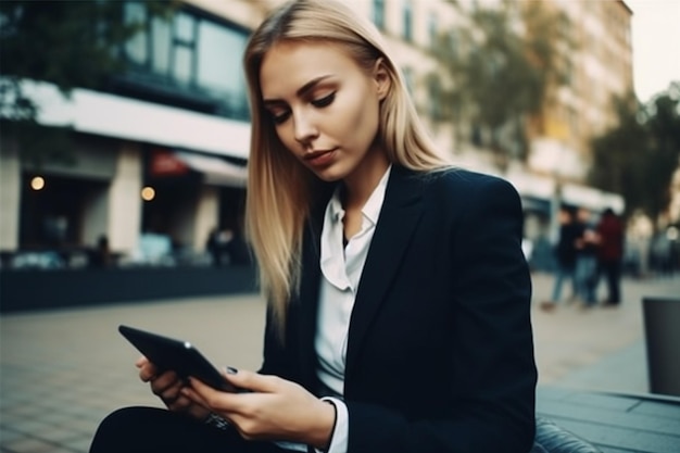 A woman sits on a bench and looks at her tablet.