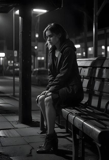 Photo a woman sits on a bench outside of a bus stop