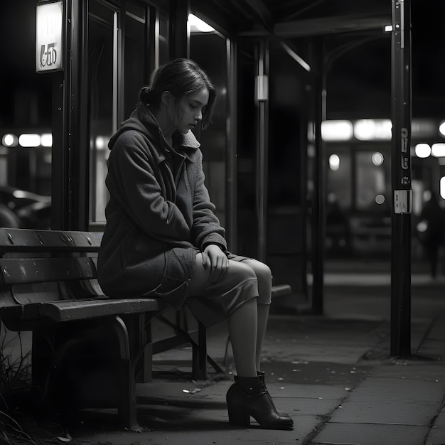 Photo a woman sits on a bench outside of a bus stop