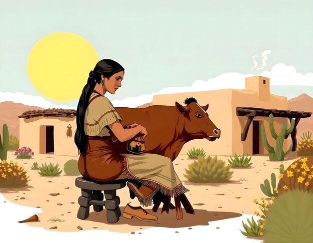 a woman sits on a bench with a cow in the background