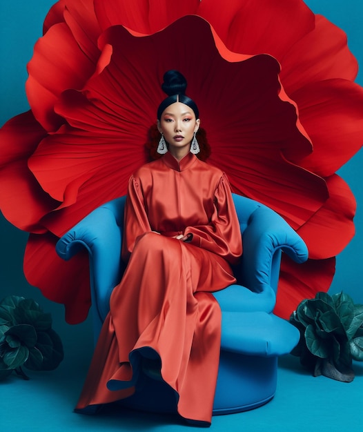 a woman sits in a blue chair with a red flower in the background