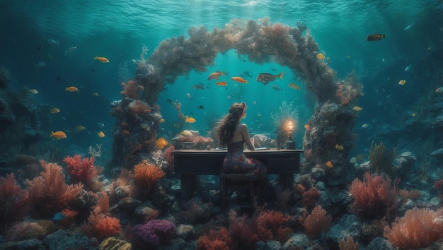 a woman sits on a boat in the ocean with a coral reef in the background