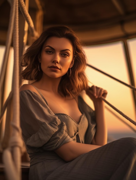 A woman sits on a boat in a sunset