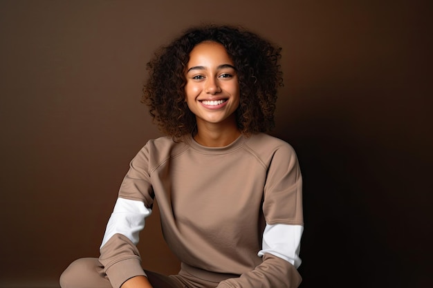 A woman sits on a brown background with a dark brown background.