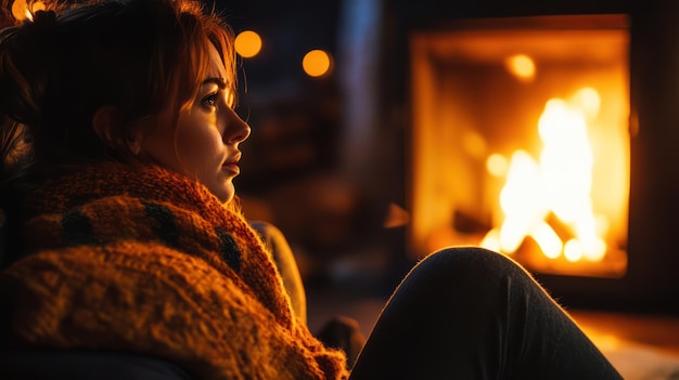 Photo a woman sits by a fire in front of a fire