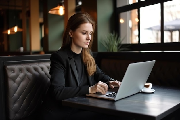 A woman sits in a cafe and works on her laptop.