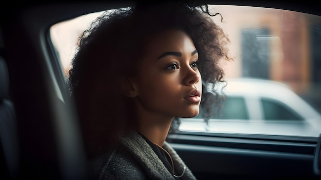 A woman sits in a car looking out the window.