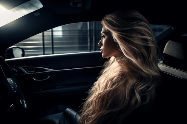 A woman sits in a car with the back seat open and the back seat is looking out the window.