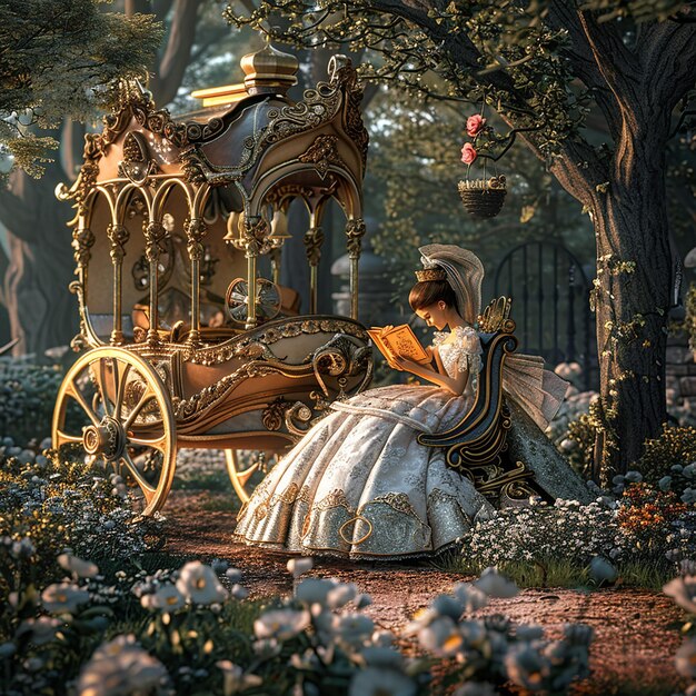 Photo a woman sits in a carriage with a horse and carriage in the background