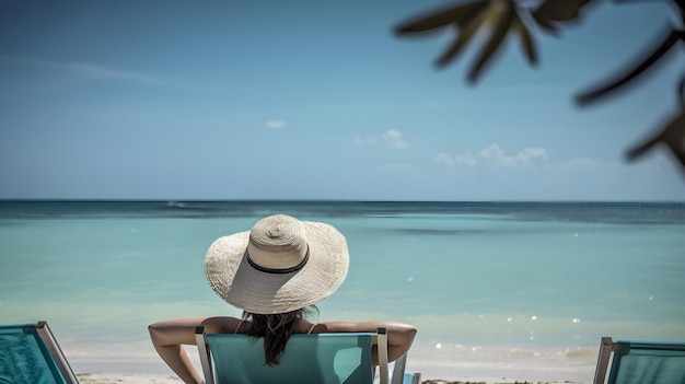 A woman sits in a chair on a beach looking out to sea.