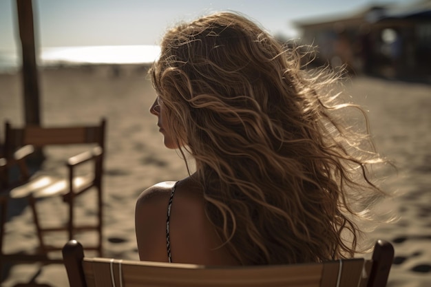 A woman sits on a chair on the beach and looks at the ocean.