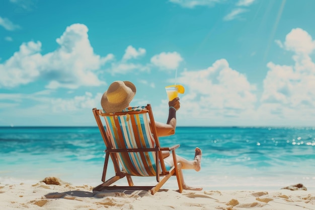 Photo a woman sits in a chair on the beach with a hat on