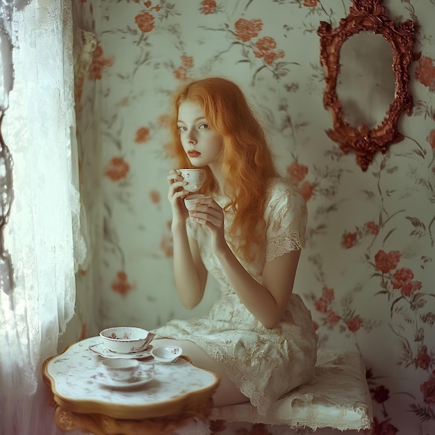 Photo a woman sits on a chair and looks at a cup of coffee