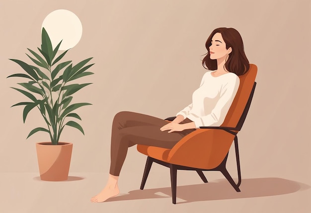 a woman sits in a chair next to a plant