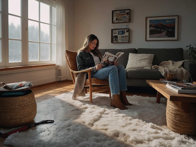 Photo a woman sits in a chair reading a magazine