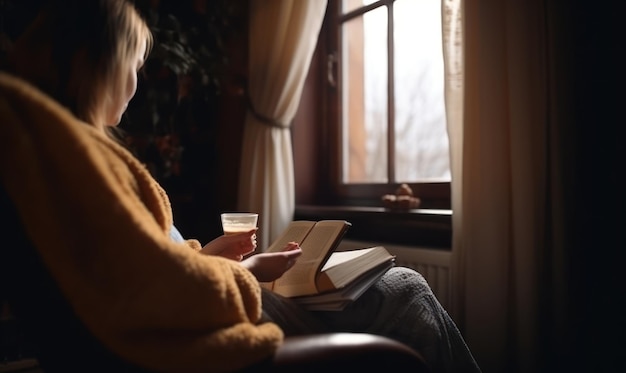 A woman sits in a chair and reads a book with a glass of beer.