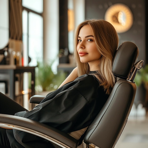 a woman sits in a chair with a clock behind her