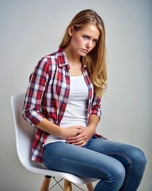 a woman sits in a chair with her hands on her hips