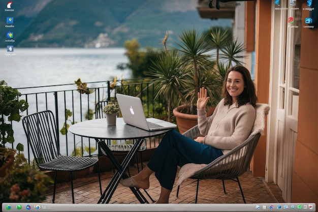 Photo a woman sits in a chair with a laptop on her lap