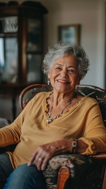 a woman sits in a chair with a large necklace on her neck