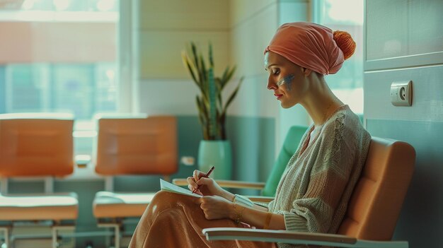 Photo a woman sits in a chair with a pen in her hand and a pen in her hand