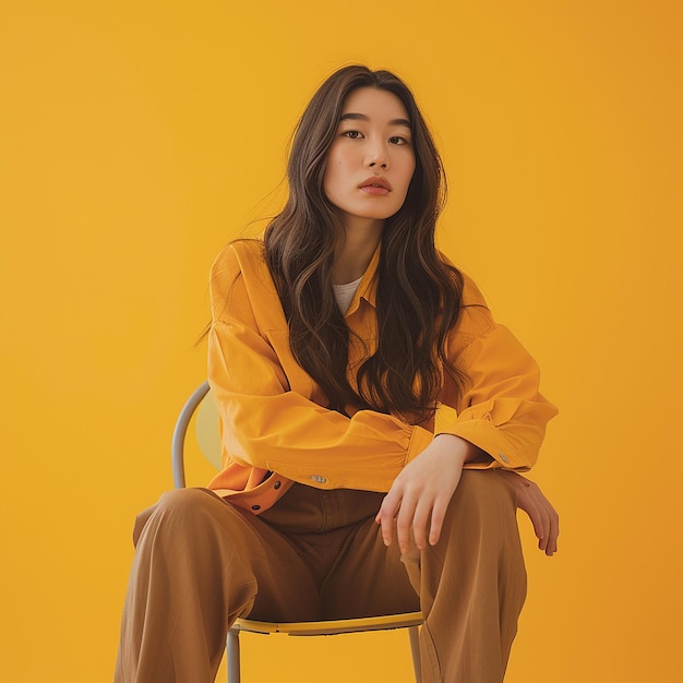 a woman sits in a chair with a yellow shirt on